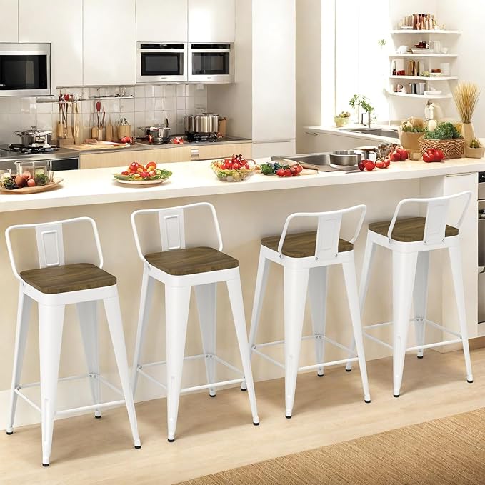 White Bar Stools Set of 4, Metal Bar Stools with Wooden Seat, Modern 30”Counter Height Barstools with Low Back