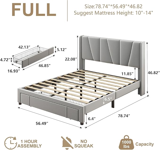 Full Bed Frame with Storage Drawers, Upholstered Platform Bed with Headboard and Wingboard, No Box Spring Needed, Noise Free, Easy Assembly, Wooden Support Slats, Light Grey