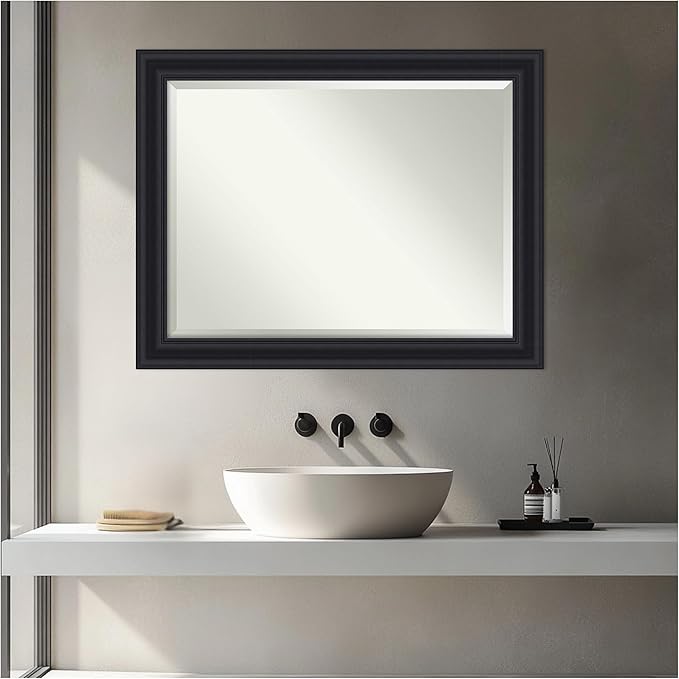 Amanti Art Black Bathroom Mirror for Over Sink, 28x22 Dalat Black Rectangle Vanity Mirror, Medium Traditional Frame, Hangs Horizonally and Vertically, Bathroom Wall Decor, Beveled Edge