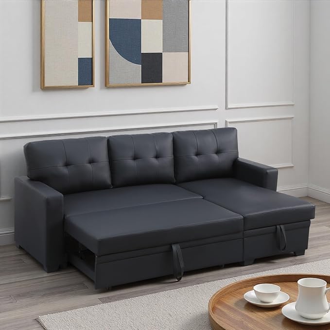 L-Shape Sofa Bed, 82" Sectional Couch with Storage Chaise, Pull Out Sleeper Sofa with Removable Back Cushions, Convertible Corner Couch for Living Room Apartment, Black