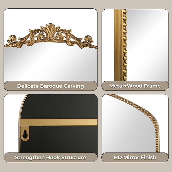 Gold Antique Mirror 40” x 30”, Large Ornate Mantel Mirrors with Arch Frame, Vintage Mirror Over Fireplace, Decorate Gold Beaded Frame for Living Room/Entryway/Dresser