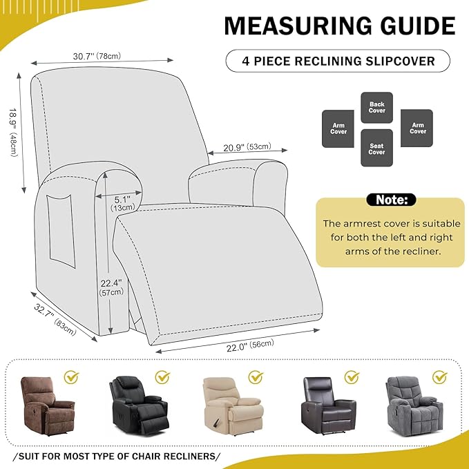 vctops 4 Pieces Geometric Jacquard Plush Recliner Slipcovers Soft Fuzzy Fluffy Sofa Couch Cover Anti-Slip Furniture Protector with Elastic Bottom for Kids Cats Dogs(Yellow,1 Seat)