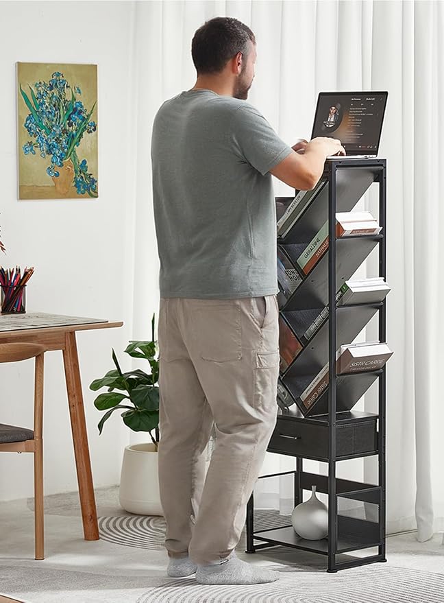 Bookshelf with Drawer,10 Tier Tree Bookcase Retro Floor Standing Bookshelves,Tall Wood Bookcases with Cabinet Storage Organizer for Living Room, Bedroom & Home Office, Black