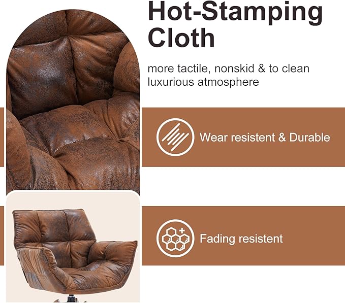 Mid Century Accent Chair, Hot Stamping Cloth Desk Chair no Wheel, Modern Cozy Vanity Chair Advanced & Wear-Resistant with Amrest, Wood Legs for Living Room, Reading Room, Bedroom, Brown