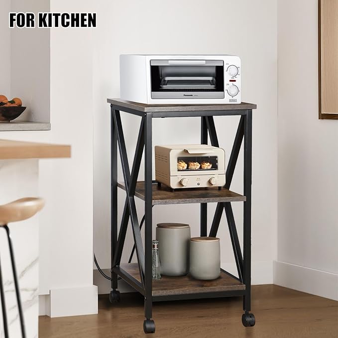 Square End Table with Charging Station, 3-Tier End Table Living Room, 16" D X 16" W X 28" H, Wood and Metal Table with USB Ports and Outlets, Side Table with Wheels for Living Room, Bedroom, Kitchen