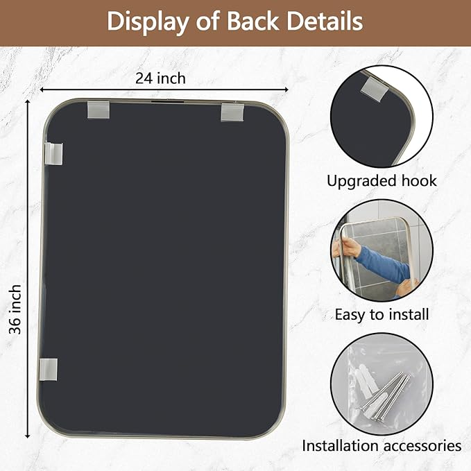 24x36 Inch Brushed Nickel Bathroom Mirror, Framed Rectangle Mirror with Rounded Corner, Brushed Mirror, Silver Bathroom Mirror for Over Sink, Vanity, Living Room, Bedroom, Horizontal/Vertical
