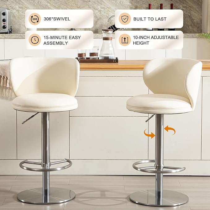 RAINMOOD Bar Stools, Adjustable Swivel Barstools with Back and Footrest, Faux Leather Upholstered, Stainless Steel Base, for Kitchen Counter, Bar, Dining Room