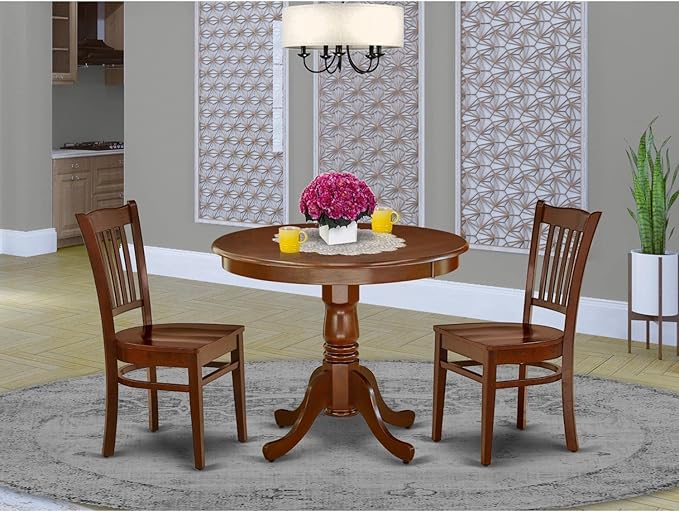 East West Furniture ANGR3-MAH-W 3 Piece Dinette Set for Small Spaces Contains a Round Dining Room Table with Pedestal and 2 Kitchen Dining Chairs, 36x36 Inch, Mahogany