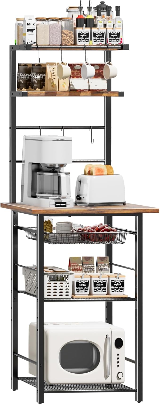 Kitchen Bakers Rack, 6-Tier Microwave Stand with Storage, Multifunctional Coffee Bar with Mesh Basket, Tall Utility Kitchen Storage Shelf, 5 Hooks, Easy Assembly, Rustic Brown