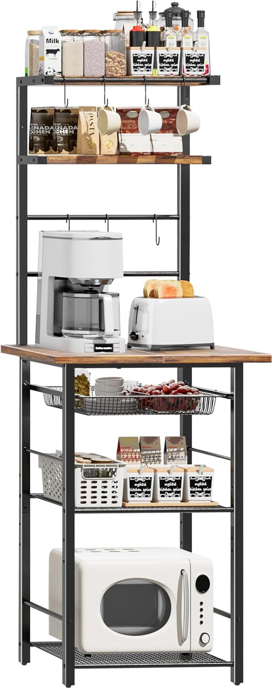 Kitchen Bakers Rack, 6-Tier Microwave Stand with Storage, Multifunctional Coffee Bar with Mesh Basket, Tall Utility Kitchen Storage Shelf, 5 Hooks, Easy Assembly, Rustic Brown