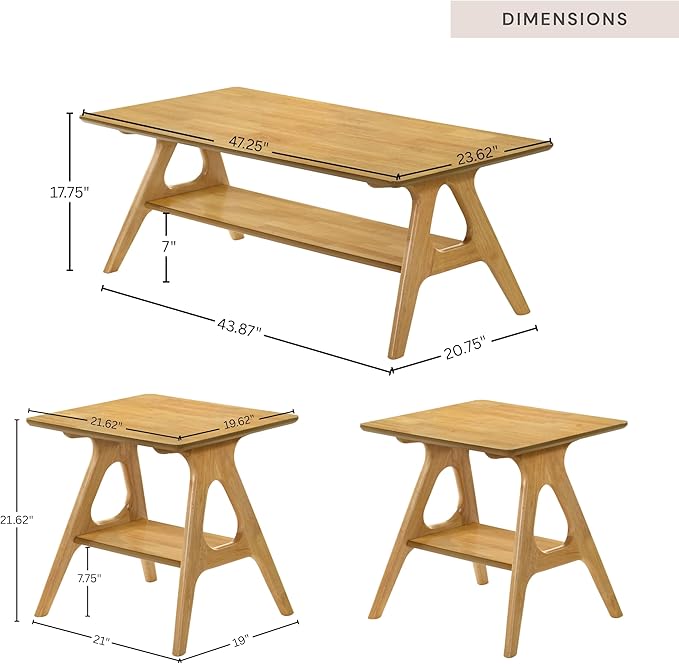 Roundhill Furniture Arona 3-Piece Coffee Table Set, Coffee Table and Two End Tables, Natural Oak Finish