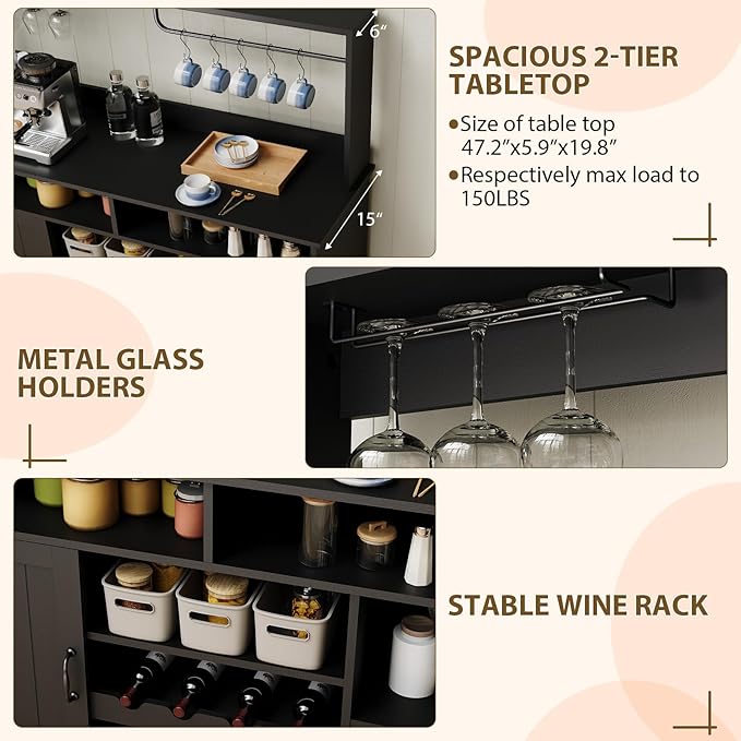 47" Farmhouse Buffet Sideboard Cabinet with Power Outlets Coffee Bar Cabinet with Storage, Large Buffet Storage Cabinet Table with Wine Racks, Goblet Holder, Hooks for Kitchen, Dining Room, Black