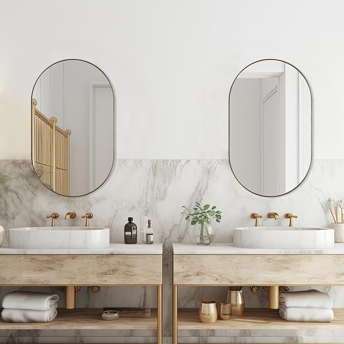 ANDY STAR Oval Bathroom Mirror, 20x33’’Oval Gold Mirror Stainless Steel Metal Frame Mirror for Bathroom, Entryway, Living Room, Contemporary 1" Deep Set Design Wall Mount Hangs Vertical or Horizontal