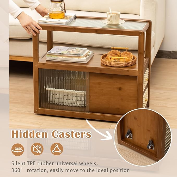Bamboo Side Table Nightstand with Rattan Drawer & Glass Top – Multi-Function End Table, Nightstands with Storage for Bedroom, Living Room, and Small Spaces, Walnut