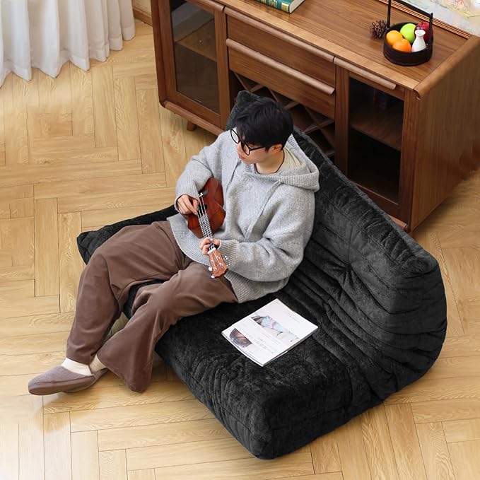 N&V Fireside Chair, Mid Century Armless Floor Sofa, Soft Premium Chenille Floor Lounge Chair, Foam Sofa Accent Chair for Living Room Bedroom and Office (Black, Loveseat)