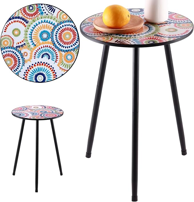 Party Zealot Metal Mosaic Round Side Table Set of Two 13.4" Small Outdoor Patio Round Accent Coffee Tables Indoor Corner Stand for Small Space Weather-Resistant for Balcony Plant Stand