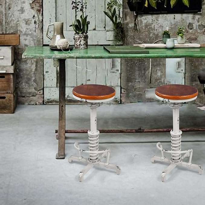 American Antique Steampunk Bar Stool 24.41"-28.35" Vintage Industrial Adjustable Swivel Backless Counter Stool for Home, Dining, Breakfast, Pub, (Heavy Duty Metal & Wood, Aged White, Brown Top)