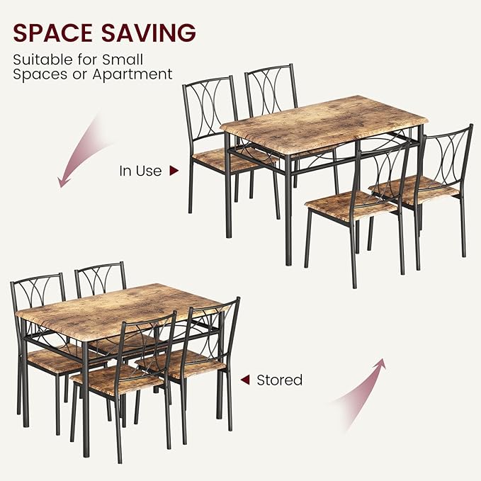 GAOMON Dining Table Set for 4, Rectangle Kitchen Table with 4 Wood Chairs Set for 4, 5-Piece Compact Apartment Kitchen & Dining Room Set Furniture for Small Spaces, Space-Saving, Rustic Brown