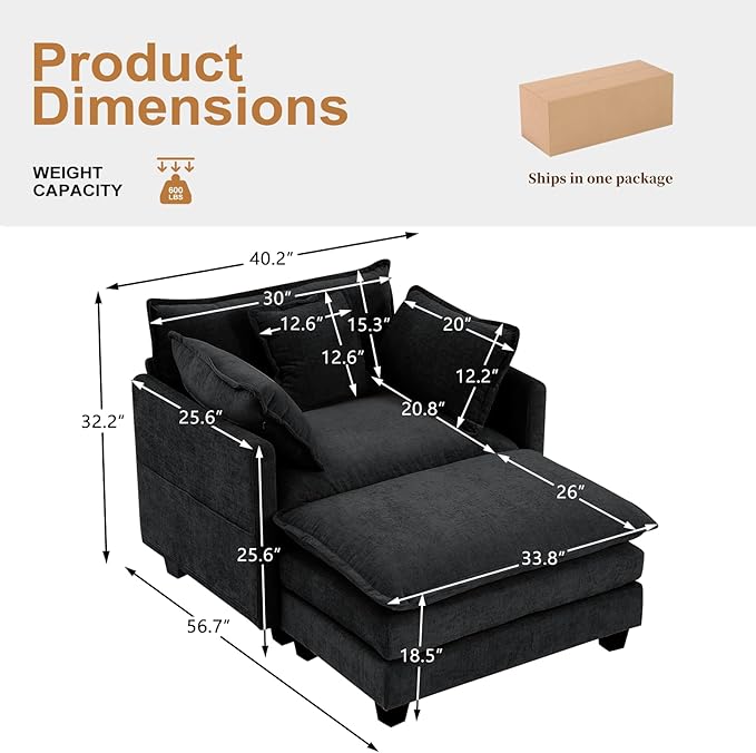 Furniliving Oversized Accent Chairs with Ottoman, Luxury Chenille Single Sofa Couch, Upholstered Deep Seat Chaise Lounge with Pillows for Living Room, Bedroom, Apartment, Black