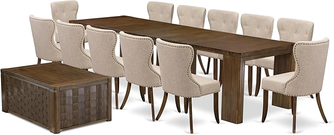 X12SI-0C8-04 - 14 Pieces Mid Century Dining Table Set contains an Extendable Rectangle Kitchen Table, 1 Coffee Table and 12 Dining Chairs, 39x120 Inch, Antique Walnut