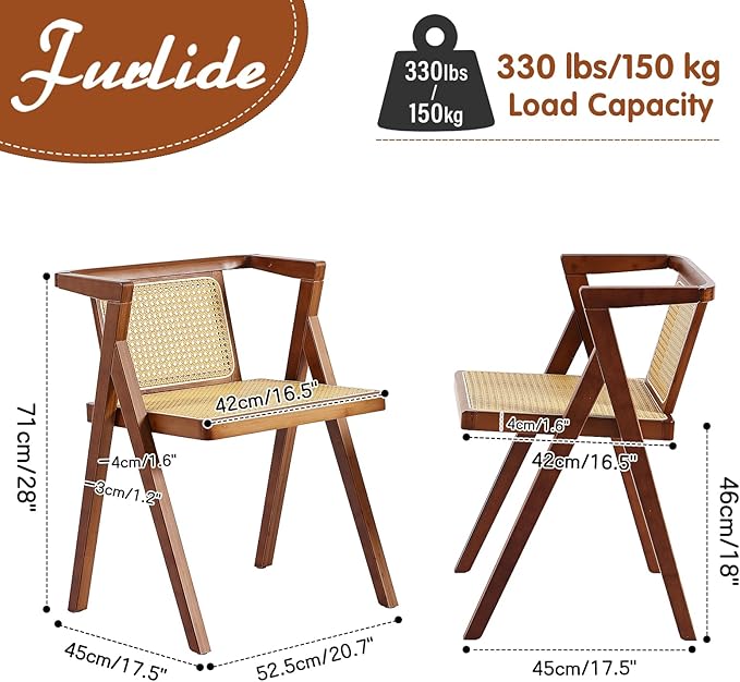 Rattan Dining Chairs Set of 2, Mid-Century Accent Armchair, Wicker Chair, Outdoor Bamboo Chair for Dining Room, Living Room, Bedroom, Kitchen, Walnut