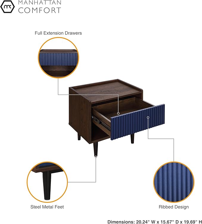 Manhattan Comfort Duane Modern Ribbed Nightstand, Bedside Table with Full Extension Drawer and Open Shelf, Industrial Chic Living Room and Bedroom Furniture, Navy Blue