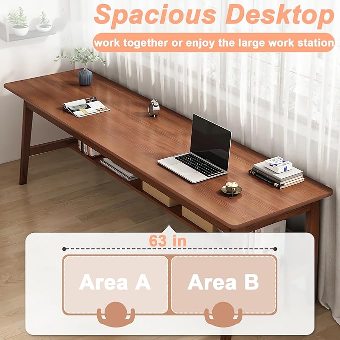 Solid Wood Desk, 63' Mid-Century Modern, Writing Desk, Home Office Workstation