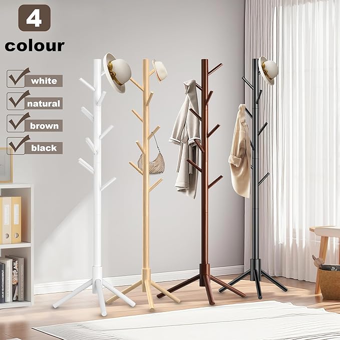 Wooden Coat Rack Stand, Freestanding Coat Rack with 8 Hooks, 3 Adjustable Size Coat Tree for Hats, Coats, Scarves bags, Coat Hanger Stand Used in Bedroom/Office/Entryway （Brown）