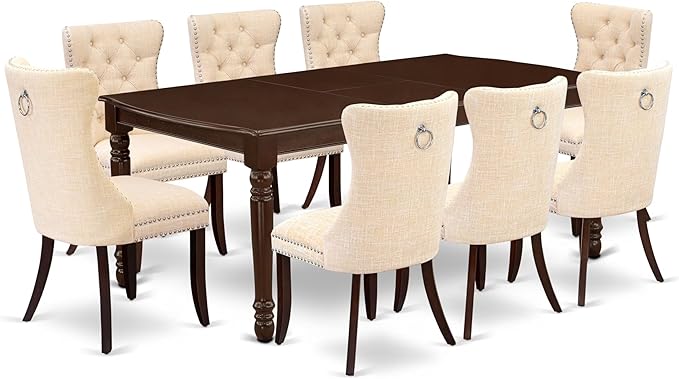 East West Furniture DODA9-MAH-32 9 Piece Dining Table Set Contains a Rectangle Kitchen Table with Butterfly Leaf and 8 Polyester Fabric Padded Chairs, 42x78 Inch, Mahogany