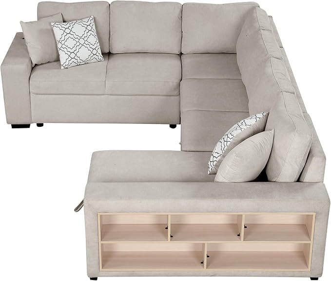 109" U-shaped Sectional Pull-out Sofa Bed with Storage Chaise,2-in-1 Convertible Couch W/ 4 Back Pillow & 2 USB Ports,Luxurious Sleeper Furniture Set for Living Room Large Space,Beige Chenille