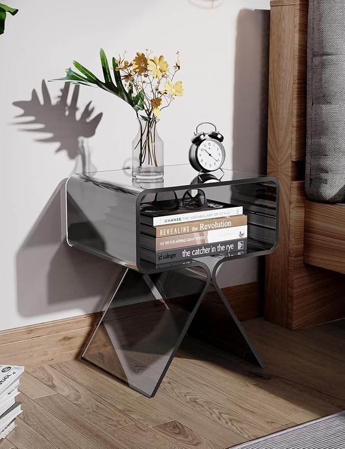 Acrylic Nightstand Side Table Modern Design Clear Home Decor Display End Table for Living Room (Black)