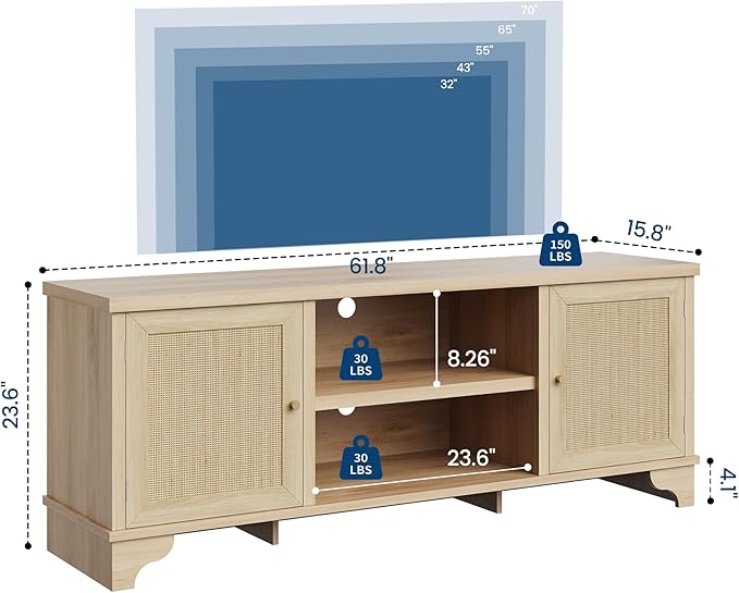 GarveeHome Rattan TV Stand for Living Room, Boho Entertainment Center for 55, 65, 70 Inch TV, Wooden Console Cabinet with Storage and Shelf, Natural Oak