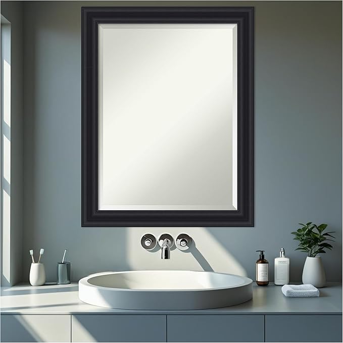 Amanti Art Black Bathroom Mirror for Over Sink, 28x22 Dalat Black Rectangle Vanity Mirror, Medium Traditional Frame, Hangs Horizonally and Vertically, Bathroom Wall Decor, Beveled Edge