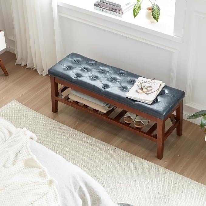 Upholstered Shoe Bench Entryway Bench for Bedroom, End of Bed, Ottoman Bench Tufted Padded Seat with Solid Wood Shelf for Living Room, Faux Leather Ink Blue
