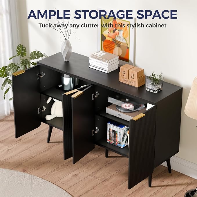 47.2" Buffet Cabinet with 4 Doors, Accent Sideboard Cabinet with Adjustable Shelf, Dining Room Sideboard with Waveform Panel, Credenzas for Living Room, Hallway, Black