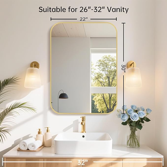 22x30 Inch Gold Bathroom Mirror, Brushed Gold Metal Framed Rectangular Mirror with Rounded Corner, Bathroom Vanity Mirror for Bedroom or Living Room, Horizontal/Vertical