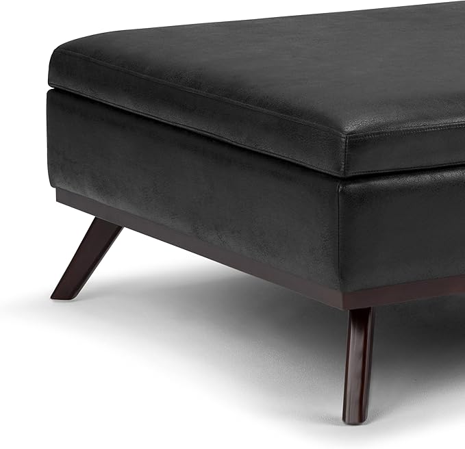 SIMPLIHOME Owen 36 inch Wide Mid Century Modern Square Coffee Table Storage Ottoman in Distressed Black Vegan Faux Leather, Assembled, for the Living Room, Entryway and Family Room