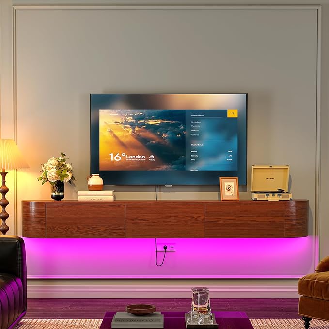 Fully Assembled Floating TV Stand with Drawers, 94IN Vintage Wall Mounted Entertainment Center, Minimalist Large Storage Console Under TV, Solid Wood Media Shelf for Living Room, Bedroom