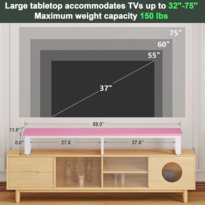 Clikuutory 59" Large TV Riser for 32-75 inch TVs, Tabletop Stand with Steel Legs, Storage & Dual - Screen Office Desk Function, Ideal for Home Office, Bedroom, Living Room, Pink