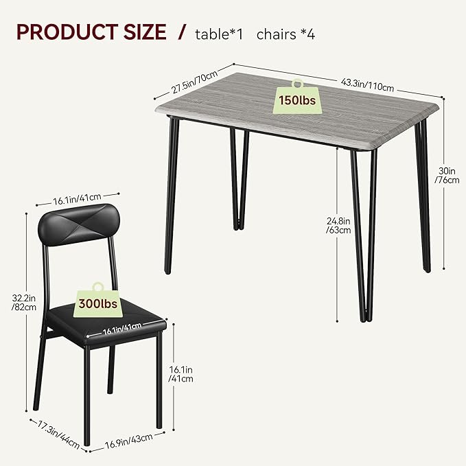 IDEALHOUSE Dining Table Set for 4, Kitchen Table with Upholstered Chairs for Kitchen Room and Small Spaces (Grey, Table with 4 Upholstered Chairs)