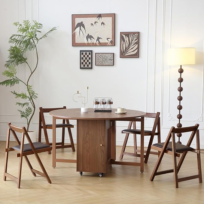 Walnut Round Folding Dining Table with 6 Chairs, Walnut Solid Wood Folding Chair Set of 2, Space Saving Foldable Dining Table with 6 Chairs