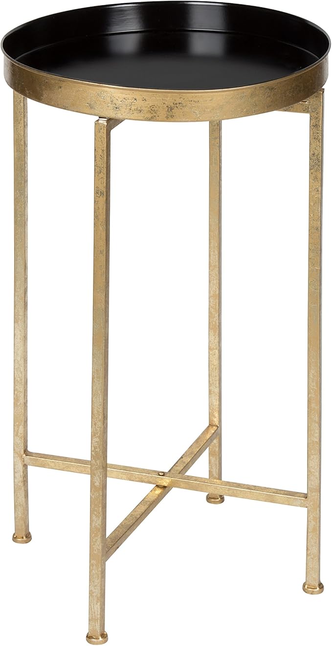 Kate and Laurel Celia Round Metal Foldable Tray Accent Table, Black with Gold Base