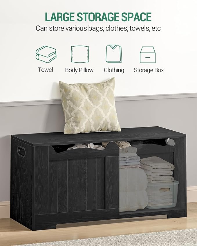43.3" Storage Chest, Extra Large Storage Bench Trunk with 2 Safety Hinges, Wooden Box, Lift-Top Chest Organizer, Shoe Bench for Entryway, Bedroom, Living Room, Black SB25504X