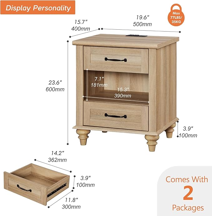 WAMPAT Set of 2 Oak Nightstands Side Tables with Charging Station, Farmhouse End Table with 2 Drawers & Shelf for Living Room, Light Wood Night Stand Bedside Table for Bedroom