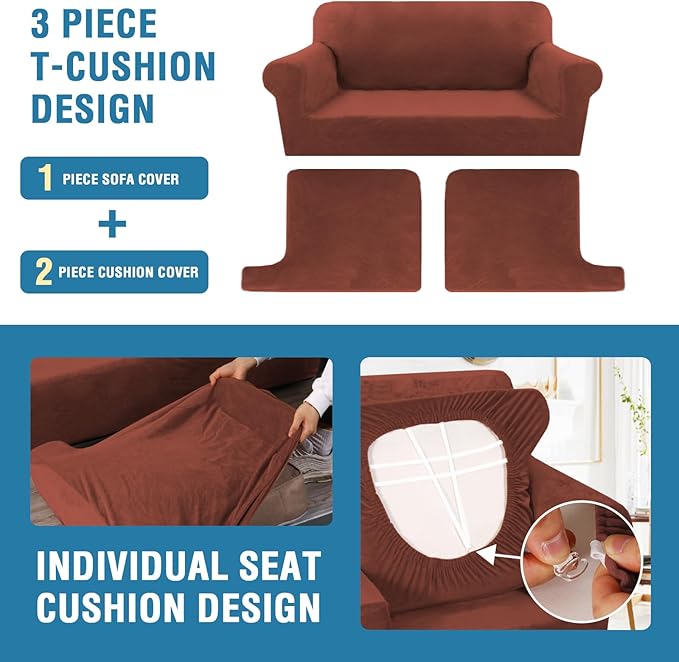 H.VERSAILTEX Sofa Cover 3 Piece T Cushion Loveseat Slipcovers Thick Velvet Couch Cover Stretch T Cushion Sofa Covers for 2 Cushion Couch with 2 Individual T Cushion Covers Washable, Rust