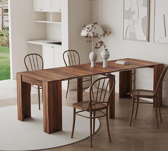 KEIKI 20"-118.5" L Extendable Foldable Dining Room Table for 1-10 People, Wood Multifunctional Rectangle Expandable Console Kitchen Living Meeting Room Furniture, 6 Tabletop Length Options, Walnut