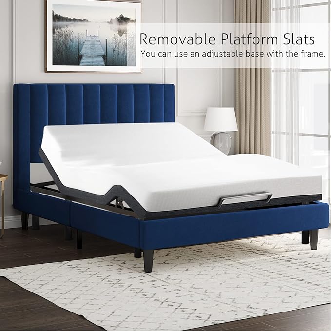 SHA CERLIN Queen Bed Frame/Velvet Upholstered Platform Bed Frame with Headboard/Strong Wood Slats Support/Mattress Foundation/No Box Spring Needed - Dark Blue