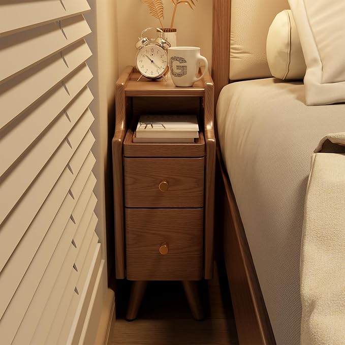 Small Nightstand with Drawers, Solid Wood Bedside Table, Narrow Walnut Nightstand for Bedroom