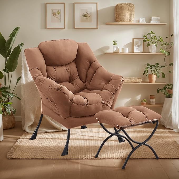 Large Lazy Chair with Ottoman, Accent Reading Chair with a Footrest, Cozy Lounge Armchair, Leisure Sofa Armchair for Living Room, Bedroom, Dorm Room, Office
