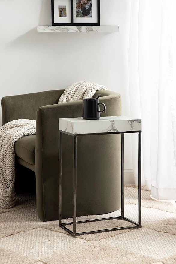 Kate and Laurel Karlsen Modern Faux Marble and Metal Narrow Side Table, 16 x 8 x 24, White and Gray Gunmetal, Minimal Slim End Table for Use as Bedroom Nightstand or Entryway Accent